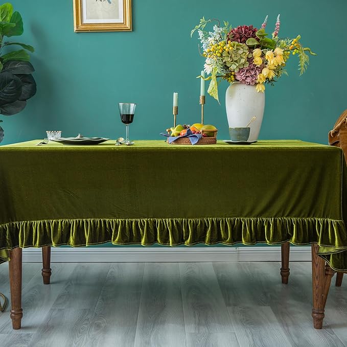 Velvet Tablecloth Luxurious Solid Rectangle Table Cloth,Oblong Retro Farmhouse Ruffle Tablecloths Washable Table Cover for Party Wedding Baby Shower Kitchen Dinning Tabletop Decoration
