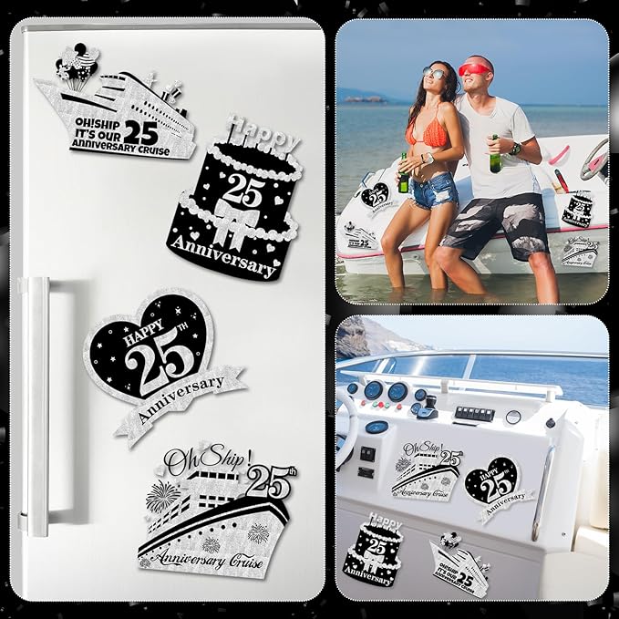 4 PCS Large 25th Anniversary Cruise Door Magnets Decorations Happy 25th Anniversary Cruise Ship Door Decor Magnetic Wedding Magnets Garage Refrigerator Car Magnets for Cabin Stateroom (Black Silver)