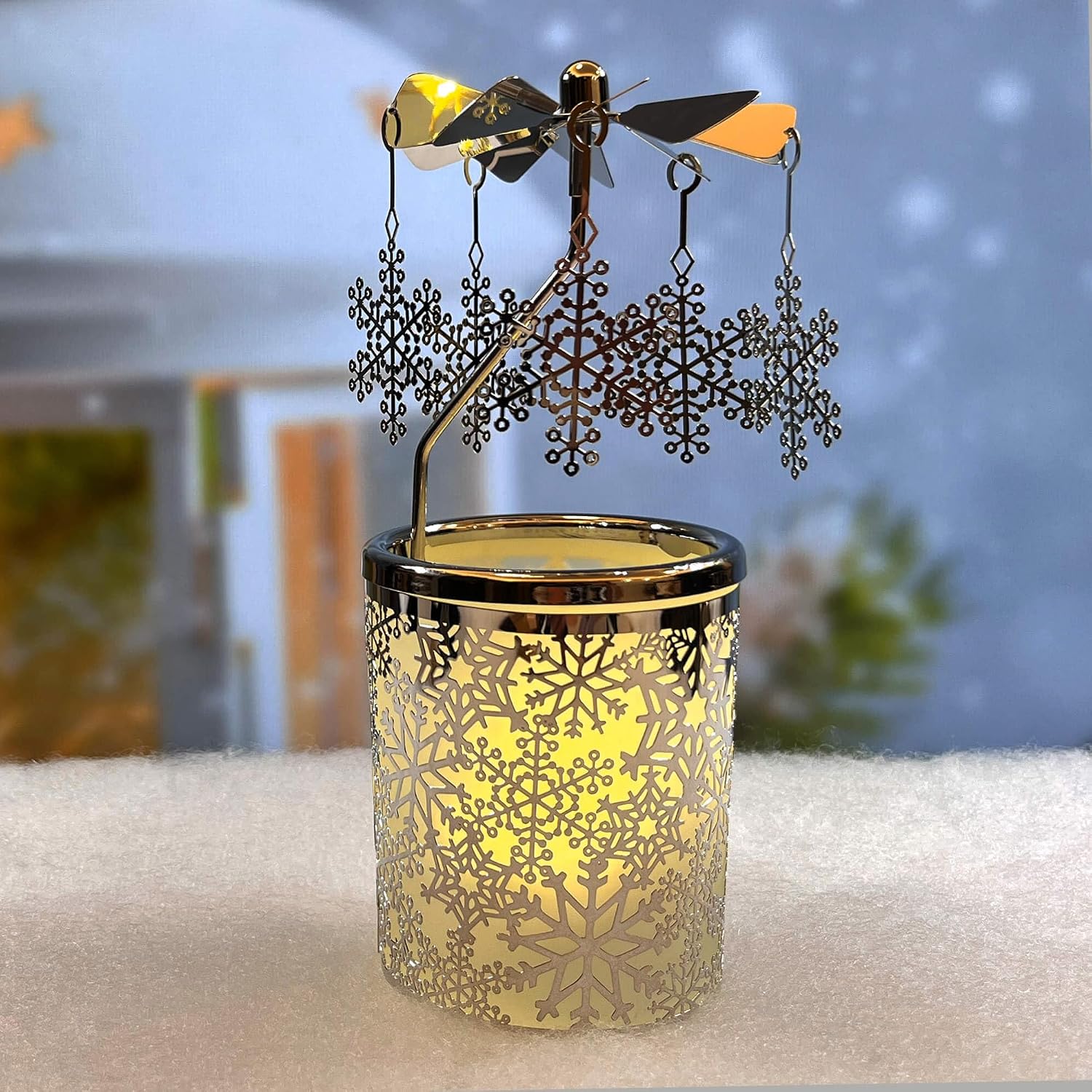 iLaJao Rotary Tea Light Carousel Angel Rotary Candle Holders Spinning Tealight Holders Christmas Decoration for Tabel Centrepieces Gift for Mom Women Wife Birthday-6 ¼ Inch Tall (Snowflake)