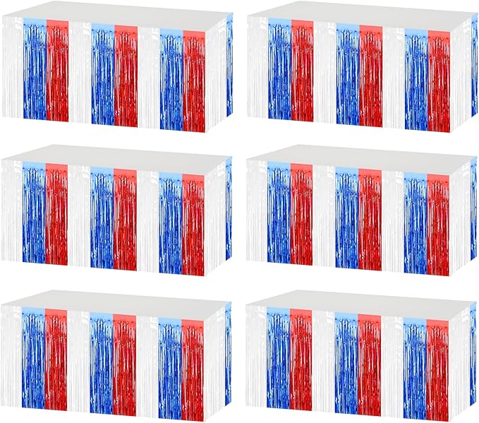 6 Pack 29x108 Inch Red Blue White Metallic Foil Fringe Tinsel Table Skirts for Rectangle Tables Streamer Curtains Backdrop for Wedding, Birthday, Parade Floats, Independence Day Party Decoration