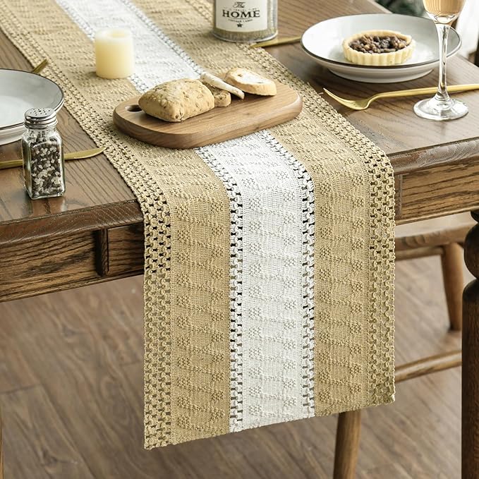 Artoid Mode Burlap Brown Farmhouse Rustic Table Runner, Seasonal Hollow Kitchen Dining Table Decoration for Home Party Decor 12x108 Inch