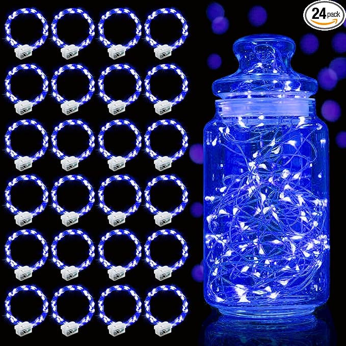Aogist 24 Pack Fairy Lights 3 Modes 7ft 20 LED Waterproof,Battery Operated Silver Wire Firefly Starry Moon Mini String Lights for Mason Jars Christmas DIY Crafts Wedding Party Bedroom,Blue