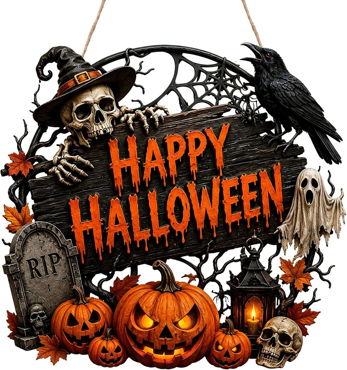 Spiritlele Big Happy Halloween Door Sign Wooden Decoration for Front Door