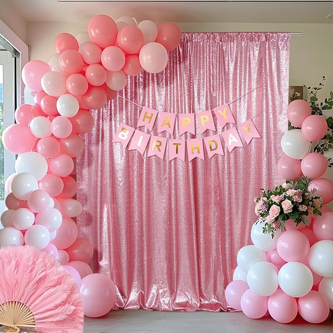 SquarePie Sequin Backdrop Curtain Not See Through Thick Glitter Background for Party 8FT x 8FT Fuchsia Pink