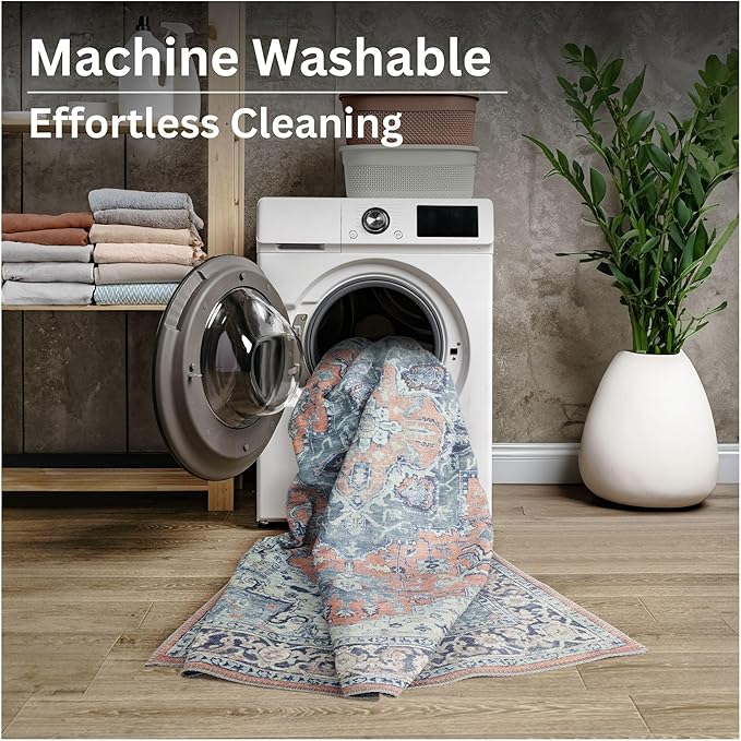 Bloom Rugs Washable Non-Slip 7 ft Runner - Coral/Blue Traditional Medallion Runner for Entryway, Hallway, Bathroom, and Kitchen - Exact Size: 2.5' x 7'
