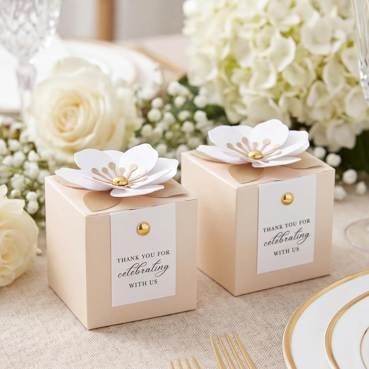 FEIYI 20 PCS Champagne Favor Boxes, 3 In 1 Candy Box with Floral Decor, White Thank You Tags Gift wrapping for Wedding Birthday Baby Shower Decorations Party -2.55x2.55x2.55 inches