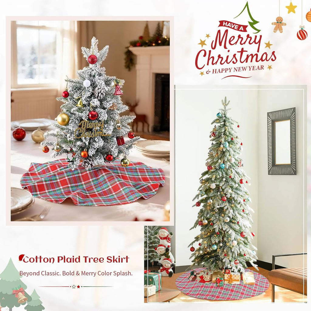Buffalo Plaid Tree Skirt Cotton Linen Fabric Christmas Tree Skirt Mini 24 Inch for Xmas Holiday Check Tree Skirts Decorations (Red Blue Green)