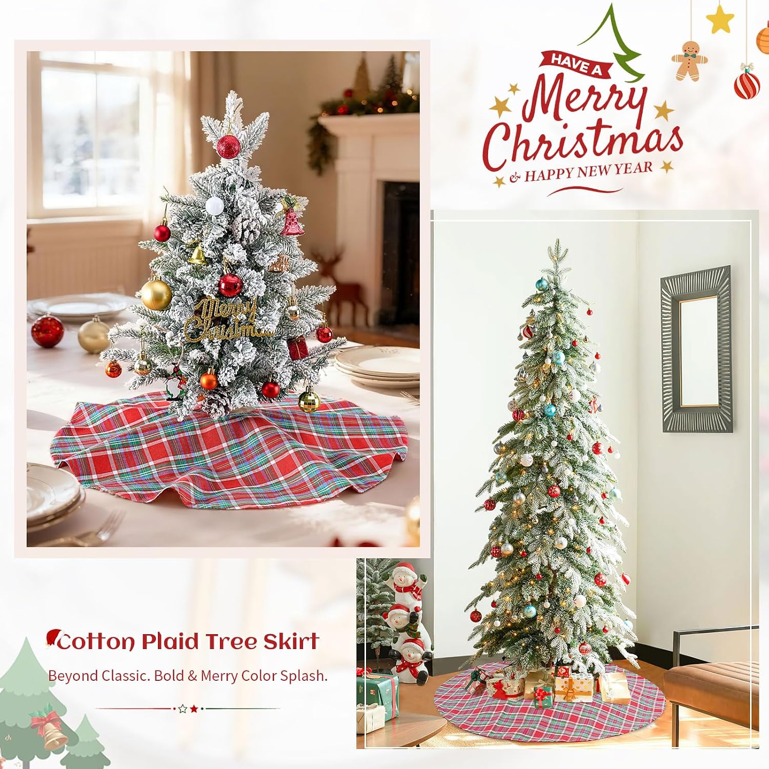 Buffalo Plaid Tree Skirt Cotton Linen Fabric Christmas Tree Skirt Mini 24 Inch for Xmas Holiday Check Tree Skirts Decorations (Red Blue Green)