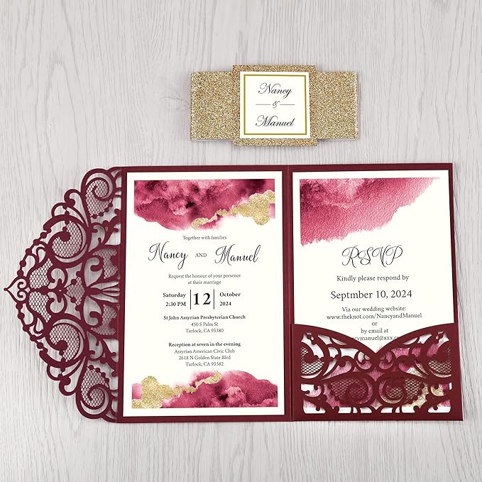 DORIS HOME 50PCS Laser Cut Wedding Invitations with Envelopes and RSVP Cards Personalized Inner With Gold Glitter Belly Band for Wedding Engagement Bridal Shower Party Invite 4.7x7 Inch Burgundy