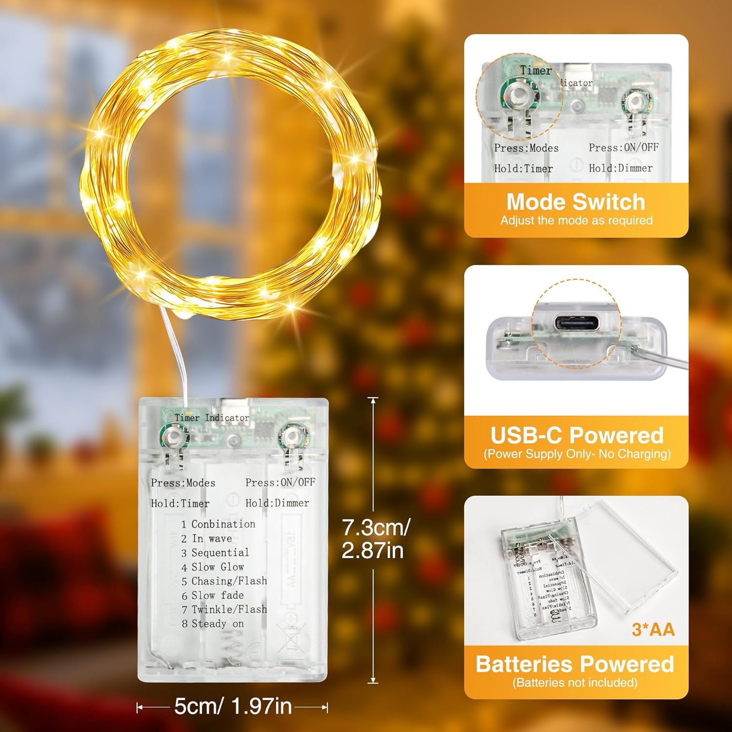 16FT 50 LED Fairy Lights Battery Operated with Timer, 8 Modes USB Mini Twinkle Light, Small String Lights for Tree Wreath Vase Bedroom DIY Holiday Wedding Decorations-Warm White