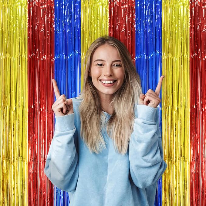 2 Pack Blue Red Gold Foil Fringe Backdrop Curtains, Tinsel Streamers Party Decorations, Fringe Backdrop, Door Shimmer for Birthday Party