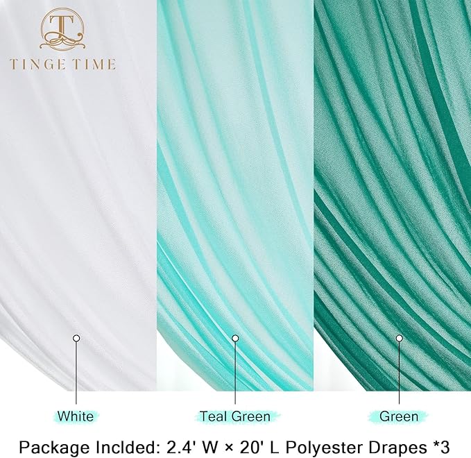 TINGE TIME 3 Panels Wedding Arch Draping Fabric, 30" x 20ft Dark Teal Chiffon Fabric Drapery Sheer Backdrop Curtain for Weddings Ceremony Party Decoration, Wedding Arch Drapes for Weddings Ceremony