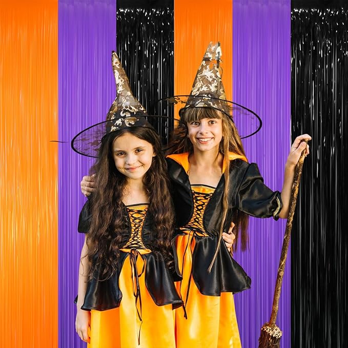 GOER 3.2 ft x 8.2 ft Metallic Tinsel Foil Fringe Party Backdrop for Halloween Birthday Graduation New Year's Party Decorations(3 Packs,Black&Orange&Purple)
