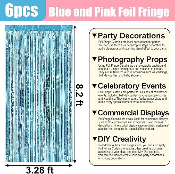 6 Pack Pink Blue Foil Fringe Curtain Backdrop, 3.28Ft x 8.2Ft Metallic Tinsel Foil Fringe Streamer Curtains for Photo Booth,Birthday, Christmas Day, New Year, Wedding Party Decorations