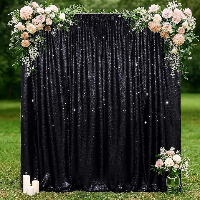 SquarePie Sequin Backdrop Less Transparent Background Sparkly Curtain for Wedding Halloween Party 5FT x 7FT Black