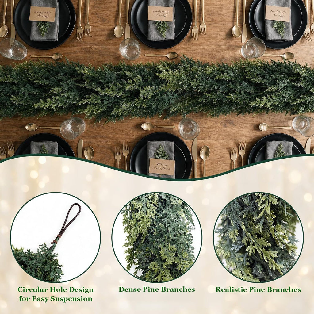 9ft christmas cedar garland, realistic artificial pine greenery, close-up detail