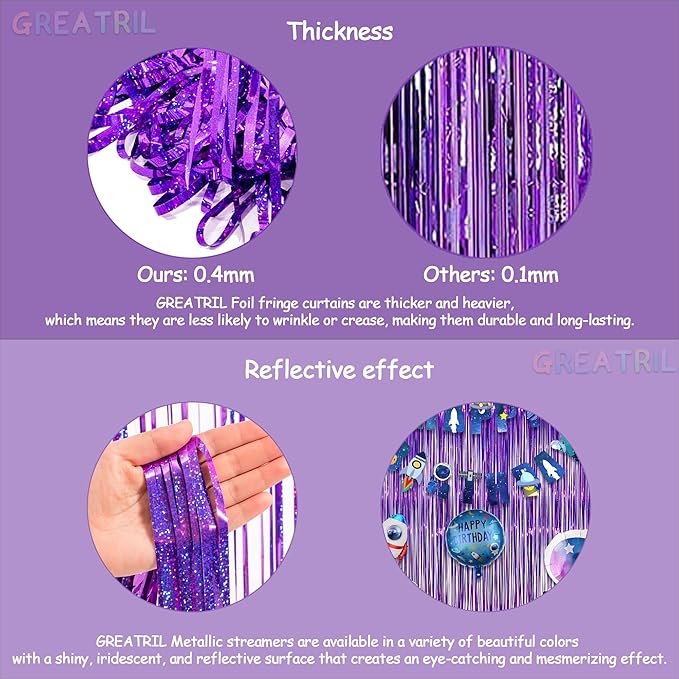 Purple Tinsel Curtain Party Backdrop - GREATRIL Foil Fringe Curtain Party Photo Booth Streamers for Hunters Mermaid Themed Decorations - 1m x 2.5m - Pack of 2