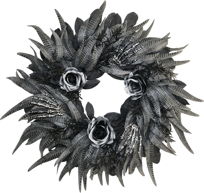 24 Inch Black and Silver Rose Halloween Wreath with 3 Skeleton Hands