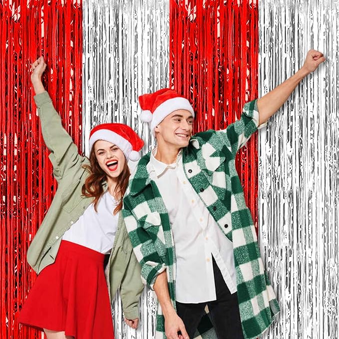 6 Pack Red and Silver Foil Fringe Curtains Backdrop, 3.28 x 8.2 Ft Metallic Streamers Tinsel Curtains Background for Photo Booth, Birthday, Weddings, Carnivals, Graduation, Themed Party Decorations