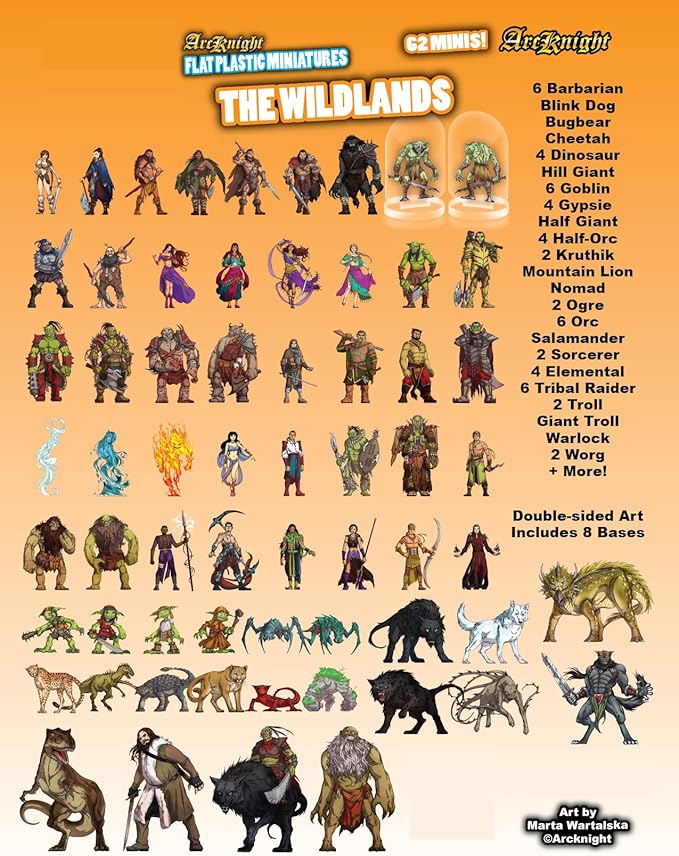 Arcknight Flat Plastic Miniatures: Wildlands; 62 Unique Wilderness-Themed Minis for DND 5e and Pathfinder; Affordable, Skinny Figurines for Dungeons and Dragons and Other Tabletop RPG Games