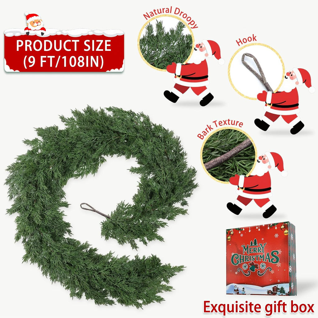 9ft christmas garland realistic fuller,natural droopy,bendable stairs railing showing dimensions
