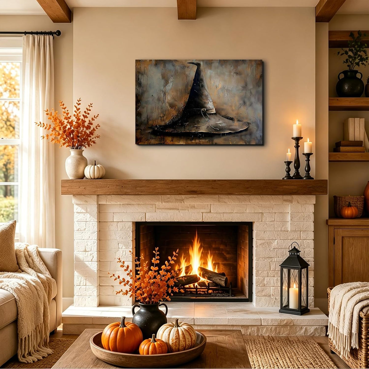 Framed Halloween Wall Art Witch Hat Canvas Prints Gothic Canvas Artwork Vinta...