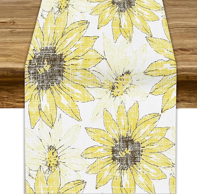 Chrysanthemum Vintage Floral Table Runner, Elegant Grunge Gray Sunflower Spring Summer Elegant Pattern Artichokes Flower Table Runner for Party Kitchen Dining Living Room Decor, 13x90 Inch