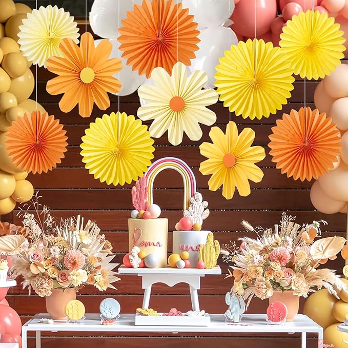 11PCS Paper Flowers Decorations for Wall Daisy Paper Fans Classroom Decoration Paper Orange Backdrop Decor Hanging Paper Fans for Birthday Baby Shower Indoor Spring Deco