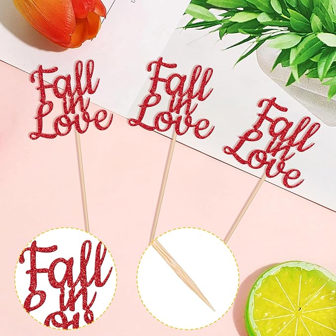 24 PCS Fall in Love Cupcake Toppers Glitter Fall Theme Party Cupcake Picks Bridal Shower Cupcake Decorations for Autumn Wedding Engagement Anniversary Birthday Party Cake Decorations Supplies Red