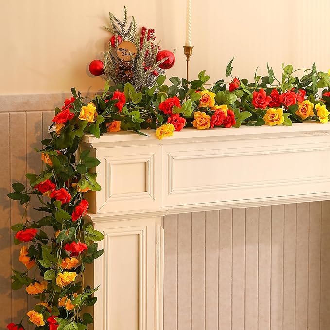 Floweroyal 4 Pack Artificial Flower Garlands 15.8FT Fake Rose Vines Silk Flowers Hanging Rose Ivy for Wedding Arch Party Home Garden Wall Decor (Orange Yellow)