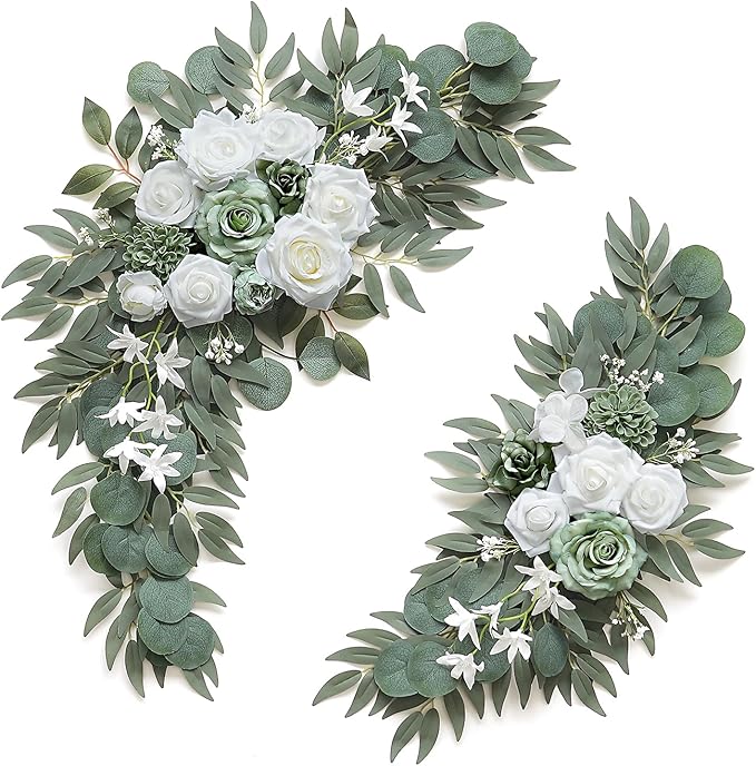 2-Pack Sage Green & White Wedding Flower Swag Set, Large: 35.43"L x 14.56"W, Small: 24.80"L x 12.99"W, Artificial Flowers for Wedding Arch, Ceremony, Table Centerpieces, Wall Hanging