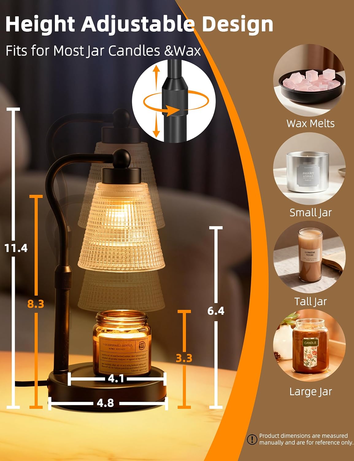Candle Warmer Lamp for Jar Candles, Height Adjustable & Dimmable with 2/4/8H Timer, 2*50W Halogen Wax Melter Warmer for Home Office Décor, Flameless & Smokeless, Gift for Women Mom, Black-Clear/1 Pack