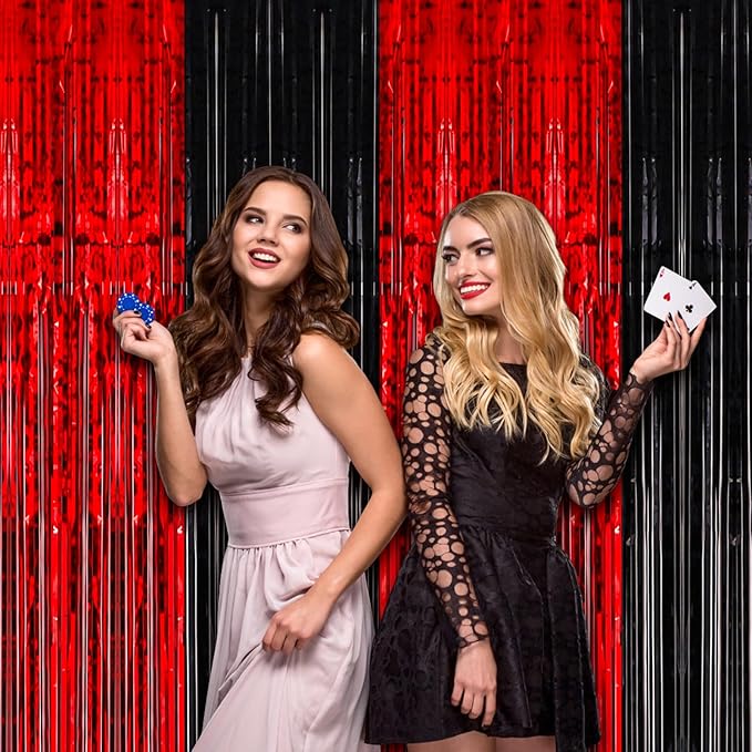 4 Pack 3.3x8.2 Feet Red and Black Foil Fringe Backdrop Curtains, Tinsel Streamers Birthday Party Decorations, Fringe Backdrop for Graduation, Baby Shower, Gender Reveal, Disco Party