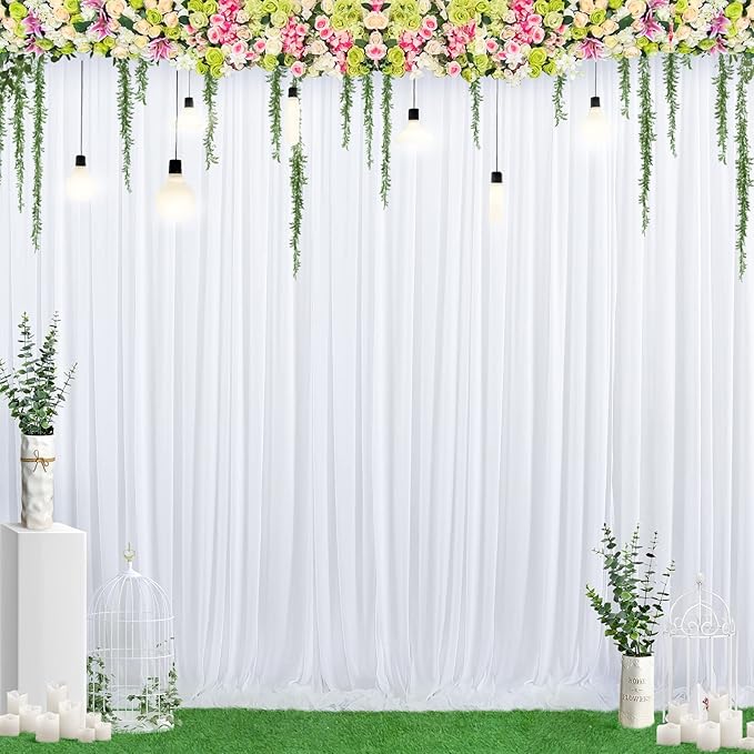 20 ft x 8 ft White Backdrop Curtain Drapes for Wedding Parties, 4 Panels 5 ft x 8 ft Wrinkle Free Polyester Photo Drapes for Birthday Party Baby Shower Backdrop Stand