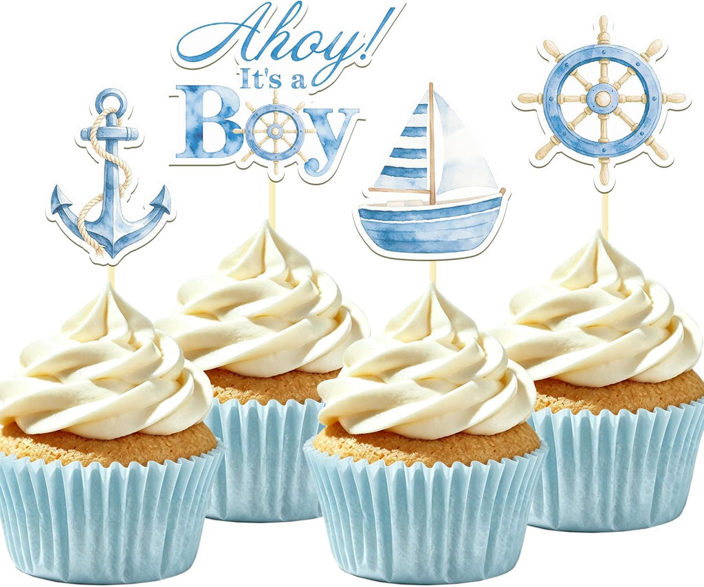 24 Pcs Ahoy It's a Boy Cupcake Toppers, Ahoy Its a Boy Baby Shower | Food Fruit Picks for Decoration Party Favors