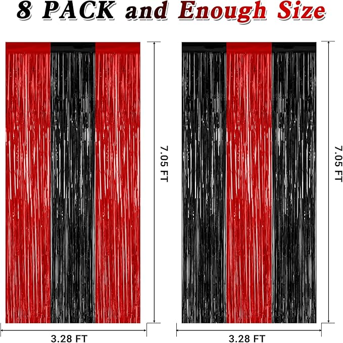 8 Pack Halloween Party Supplies, 3.28 FT x 7.05 FT Red and Black Foil Streamer, Metallic Fringe Curtains Tinsel Backdrop Party Streamer, Hanging Halloween Decorations Casino Party Decor