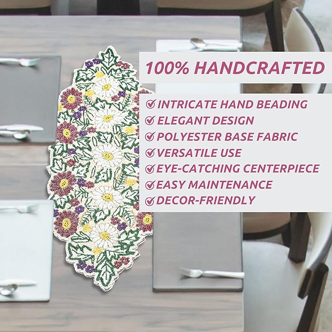 Luxury Beaded Table Runner - 13x36 Inches Handcrafted Spring Floral Design with Glass Beads & Polyester Back - Elegant Table Decor for Dining, Coffee Table & Events (Multi) - CLEENTABLE