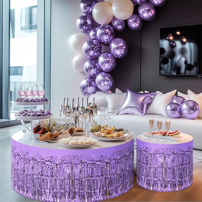 4 Pack Light Purple Table Skirts, 29x108" Metallic Foil Tinsel Fringe Table Skirts for Rectangle Tables Streamer Curtains Backdrop, Party Decorations for Birthdays Weddings Holidays