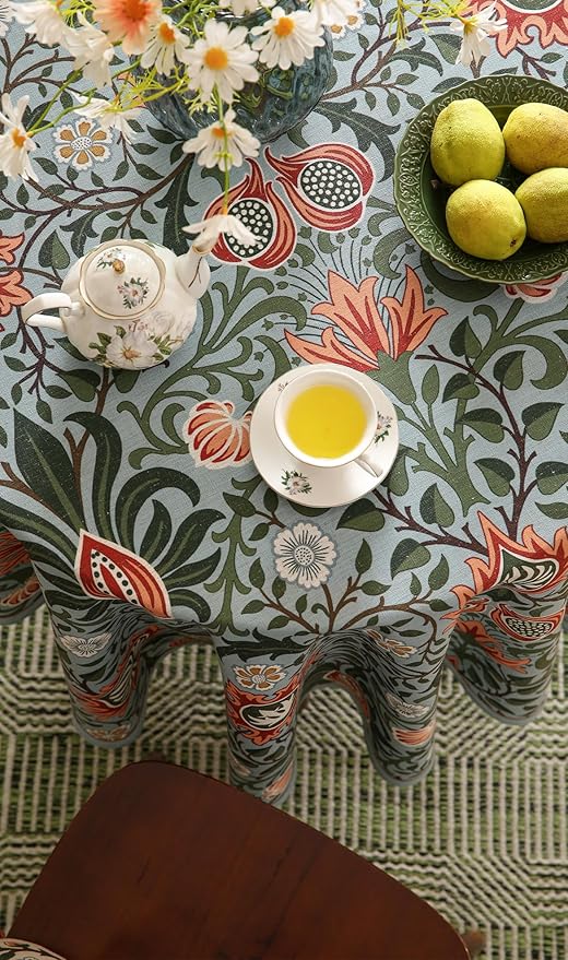 ISAENNE Designer Bohemian Linen Green Small Round Tablecloth,Floral Indoor Table Cloth,Stain Resistant Decor Tablecloths for Dining Thanksgiving Kitchen Party Christmas,Diameter 55"-Naples