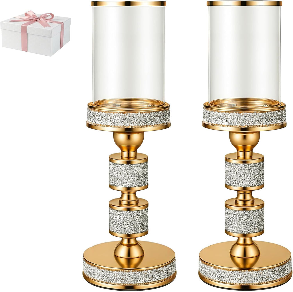 Hurricane Candle Holder, 13.5" Tall Metal Candle Stand, Glass Pillar Candle Holders, Crystal Gold Decorative Centerpieces for Table, Wedding and Dining Room (Fits Candles up to 3"x5", 2pcs, M)