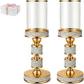 Hurricane Candle Holder, 13.5" Tall Metal Candle Stand, Glass Pillar Candle Holders, Crystal Gold Decorative Centerpieces for Table, Wedding and Dining Room (Fits Candles up to 3"x5", 2pcs, M)