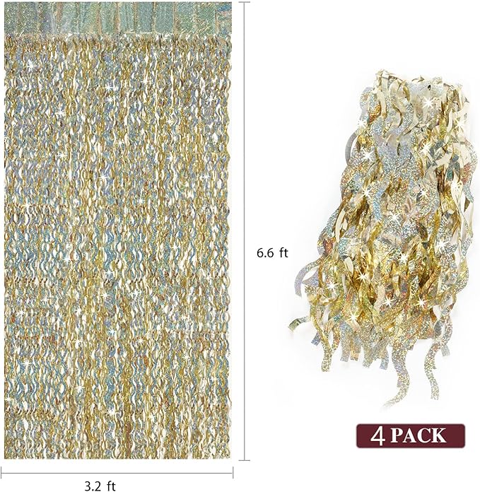 4 Pack Champagne Gold Fringe Curtain Backdrop - CYLMFC 3.3 ft x 6.6 ft Shimmer Wavy Foil Curtain for Birthday Party, Yellow Fringe Backdrop Streamers Party Decorations