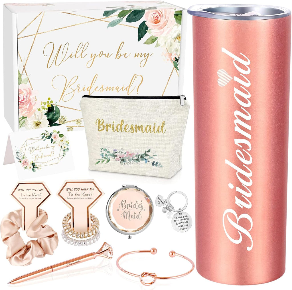 Bridesmaid Proposal Gifts, Will You Be My Bridesmaid Box, Engagement Wedding Wine Tumbler Bridal Bachelorette Party Gift for Bridesmaids, 20oz Wine Tumbler Gift Set