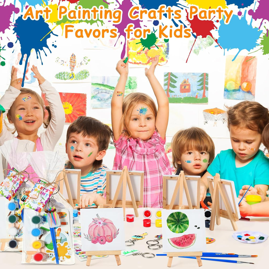 HyDren 8 Sets Art Paint Party Favors for Kids, 4 x 4 Inch Mini Canvas Easel and Watercolor Paint Set Palette Brush Sticker Puffy Sticker Keychains for Adults Summer Vbs Back to School Party Supplies