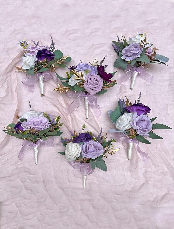 CherishedMoments Set of 6 Assorted Flower Centerpieces Mini Floral Wedding Flowers Set for Wedding Table Centerpieces Decoration, Purple Bouquets and Home Decor