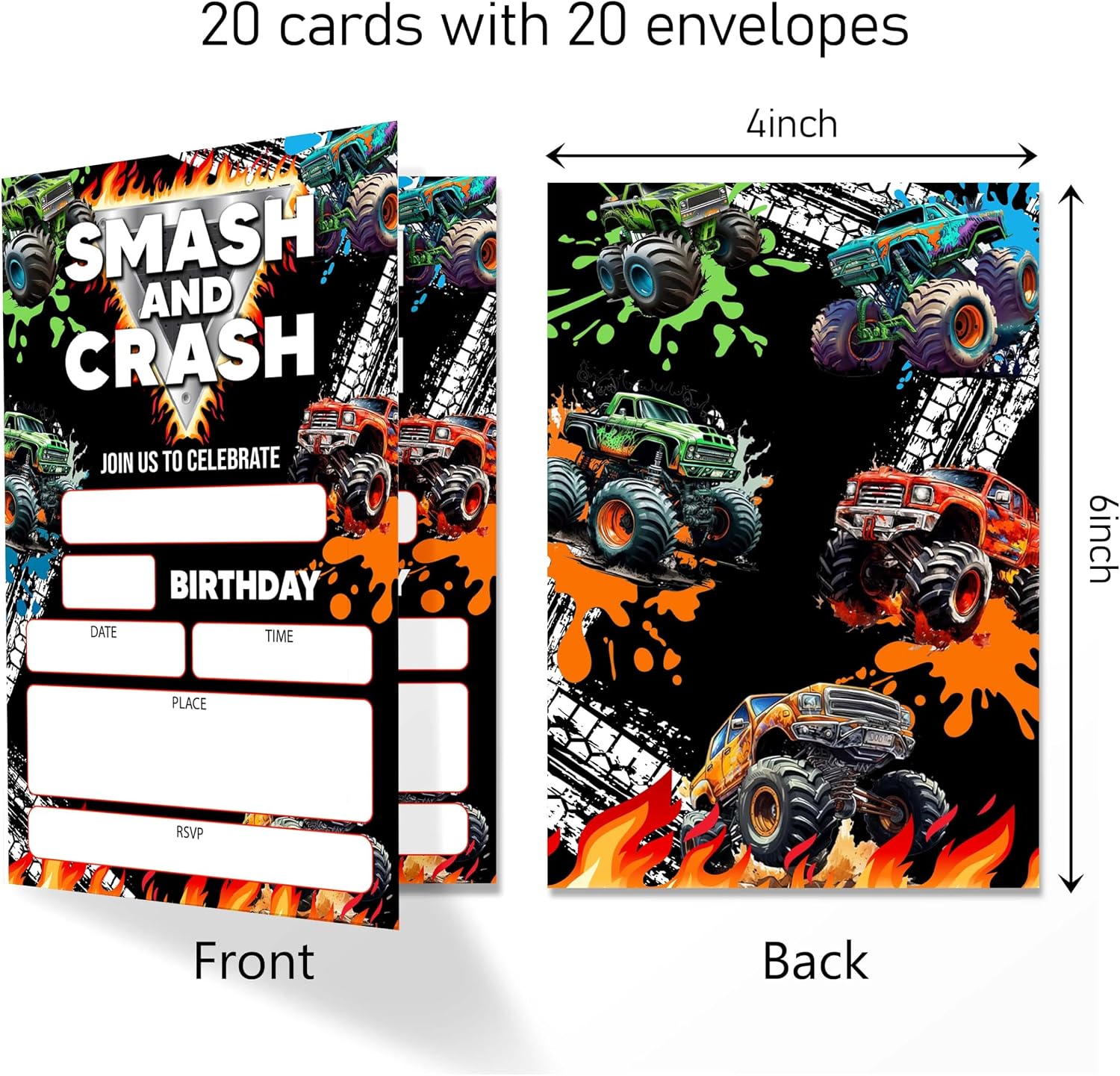 4x6 Truck Birthday Invitations, Truck Birthday Party Decorations, Invitation Cards, Birthday Party Invitations For Boys Girls, 20 Cards with 20 Envelopes.(188)