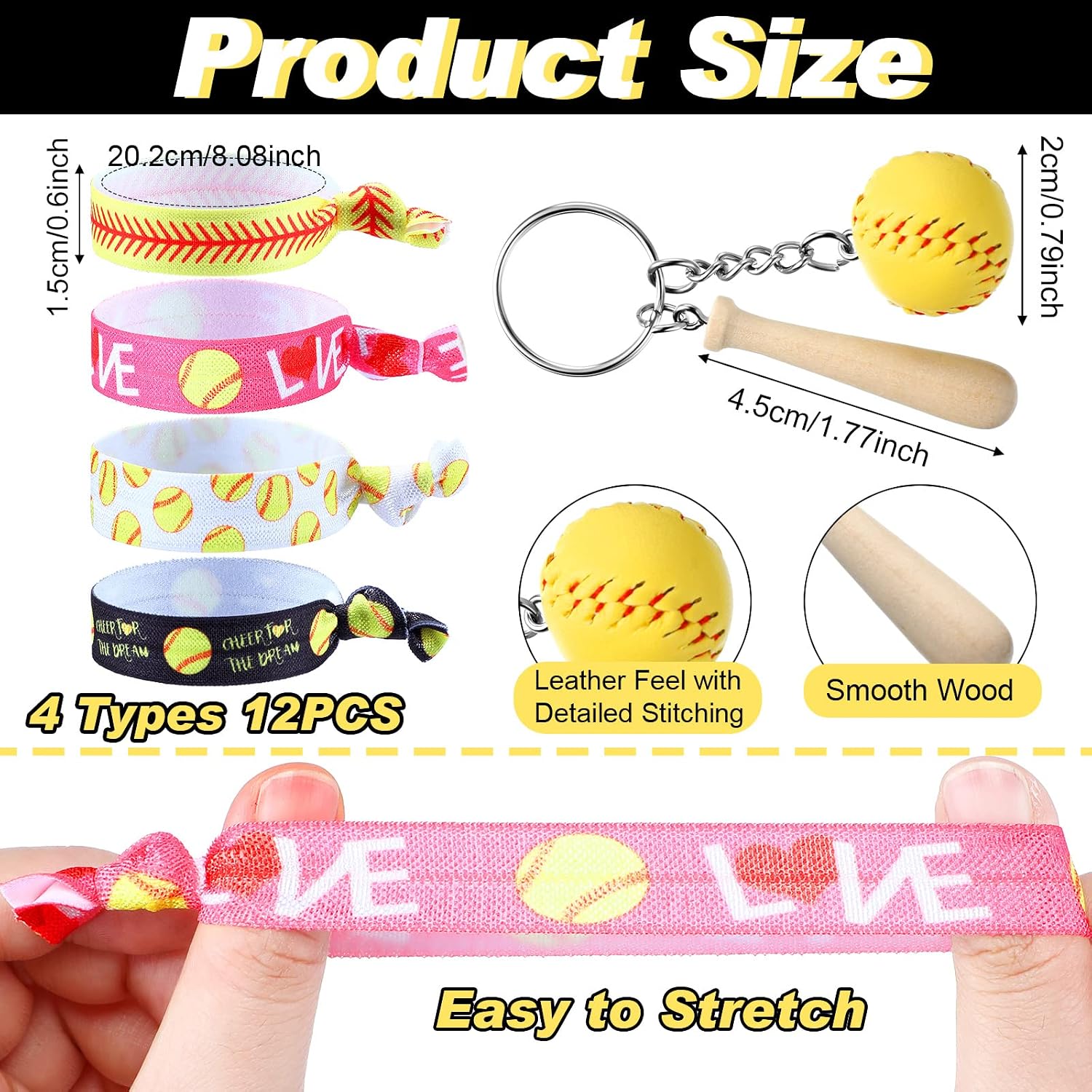 Jexine 48 Pcs Softball Party Favors Set, Including 12 Keychains 12 Hair Ties 12 Scrunchies and 12 Charm Bracelets Softball Goodie Bag Stuffers for Women Team Sports Birthday Party Supplies Decoration