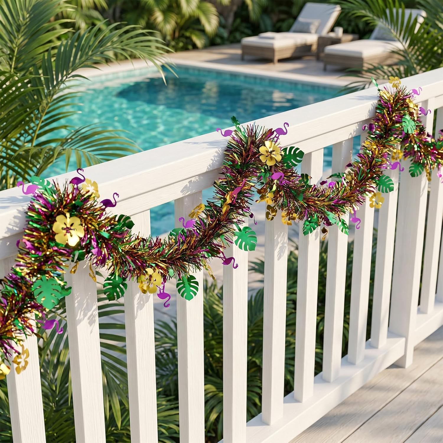 4Pcs Hawaiian Tinsel Garland Tropical Decorations for Hawaii Party Supplies | Glitter Tropical Summer Garland Decorations for Summer Garlands Hawaii Flower Banner Holiday Decor