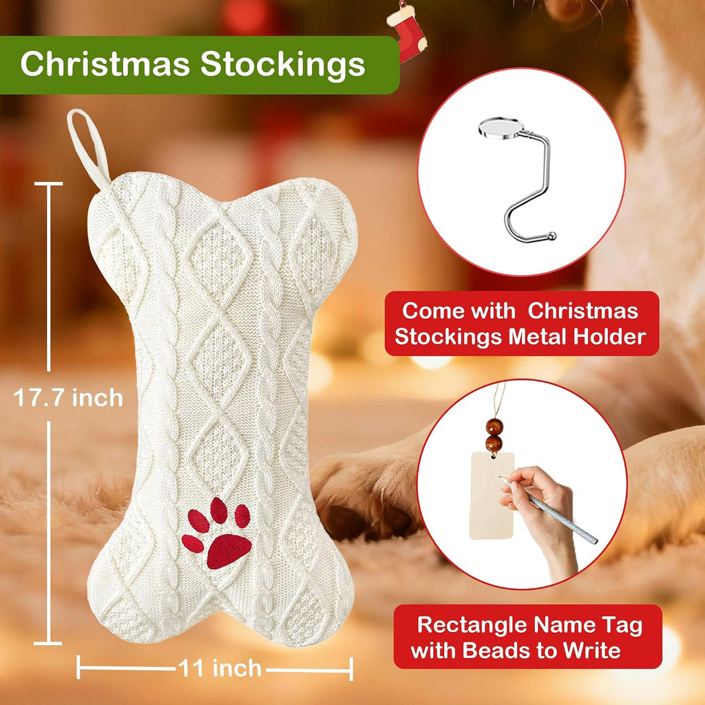 Personalized Dog Christmas Stockings 18’’ with Metal Holders & Name Tags, Paw-Print Embroidery Large Bone Shape Pet Hanging Stockings Xmas Knit Dogs Stocking for Christmas Decoration Party Décor-White
