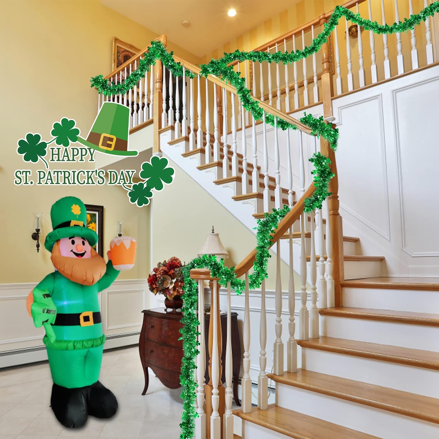 TURNMEON 3 Pack Total 49.2 Ft St. Patrick's Day Shamrock Tinsel Garland Decor Green Clover Metallic Streamers St Patricks Day Decorations Indoor Outdoor Home Irish Party Supplies, Each 16.4 Ft by 4.3"
